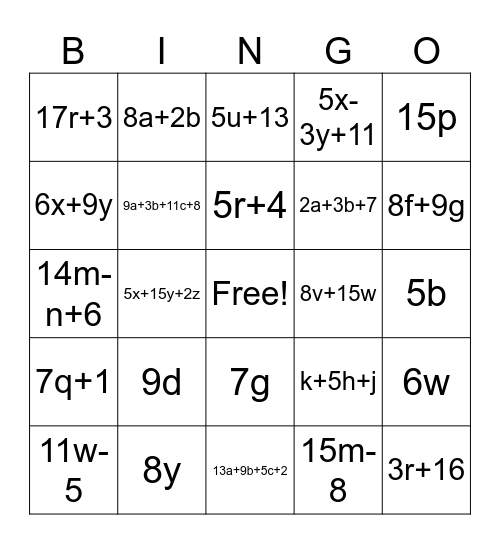 Combine Like Terms Bingo Card