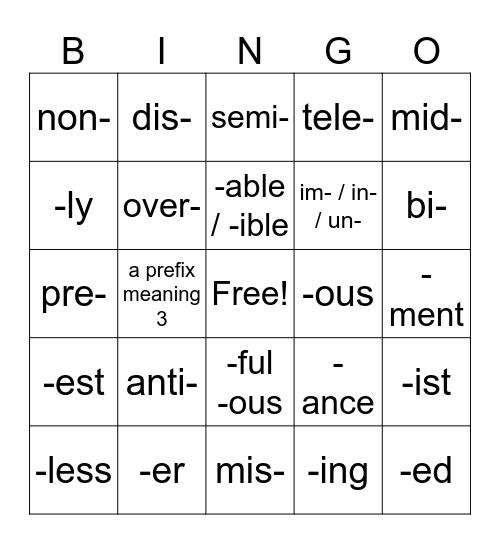 Prefixes & Suffixes Bingo Card