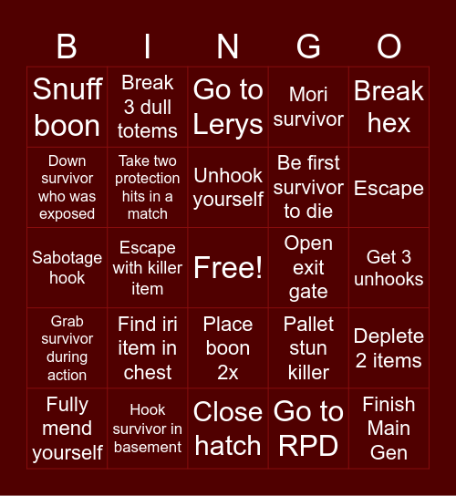 Dead by Daylight League Bingo Card