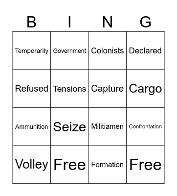 American Revolution Bingo Card