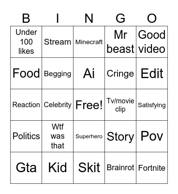 YouTube shorts bingo Card