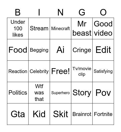 YouTube shorts bingo Card