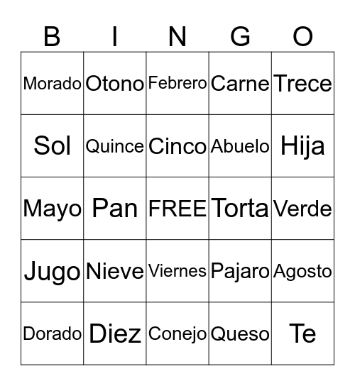 Spanish Bingo Card