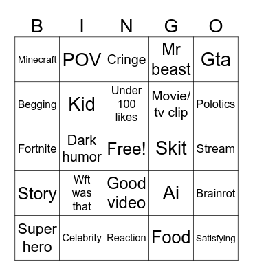 Yt shorts bingo Card
