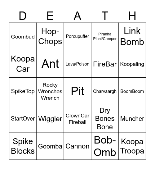 Mario Maker Endless Normal Death Bingo Card