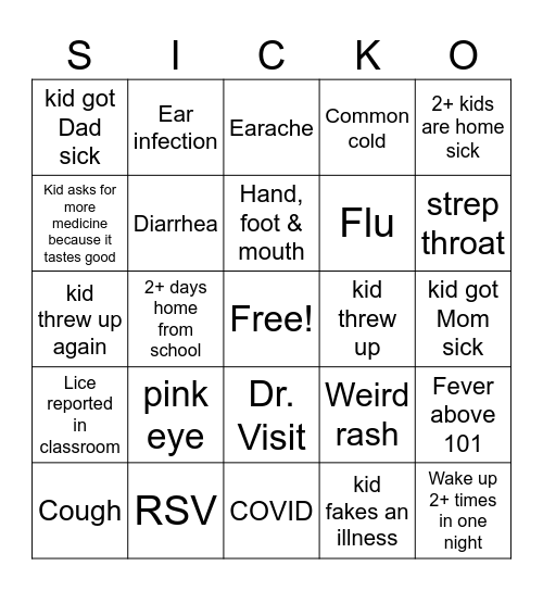 sick child bingo Card