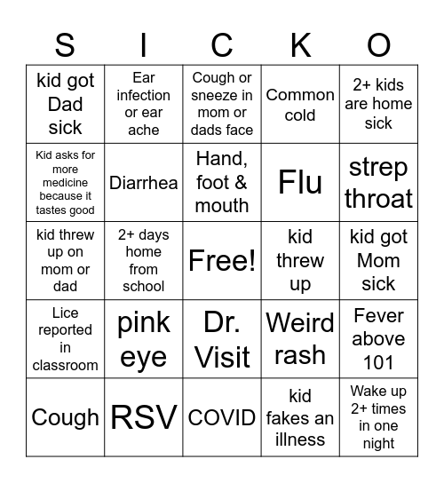 sick child bingo Card