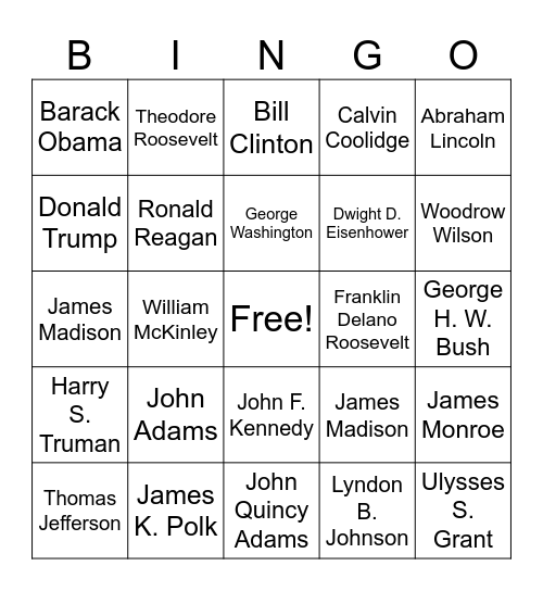 Presidents Day Bingo! Bingo Card