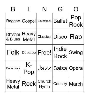 Music Genre Bingo Card