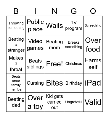 Kid meltdown Bingo Card