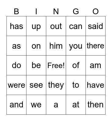 Sam Sight Words Bingo Card