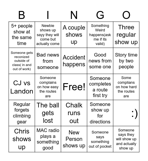 Weekly Wall Climbing bingo card Bingo Card
