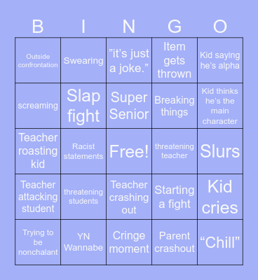 School Crashout Bingo Card