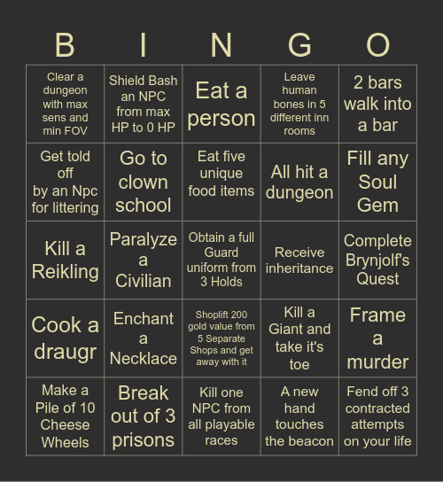 Skyrim Bingo Card