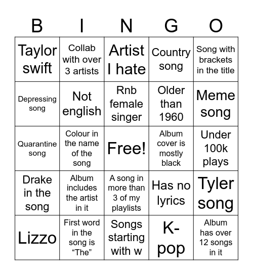 Spotify bingo Card