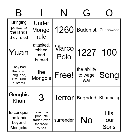 China under Mongol Rule Bingo Card