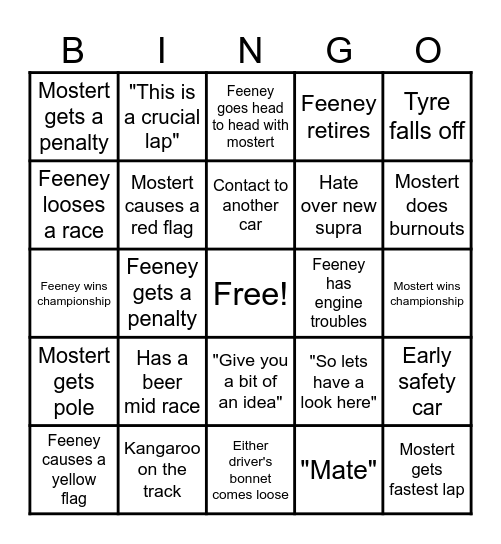 Supercars 2026 chaz/broc Bingo Card