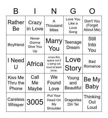 BINGO: Valentine's Day Music Edition Bingo Card