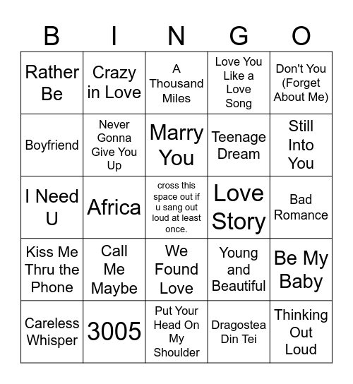 BINGO: Valentine's Day Music Edition Bingo Card