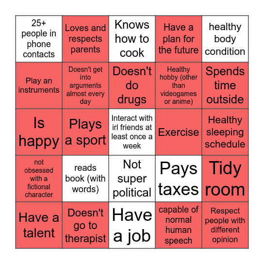 Normal Human Bingo Card