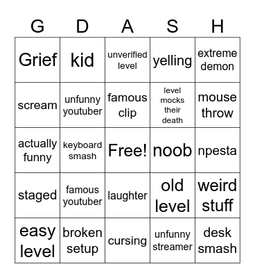 Geometry Dash Rage Bingo Card