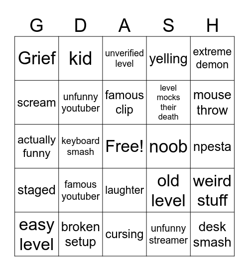 Geometry Dash Rage Bingo Card