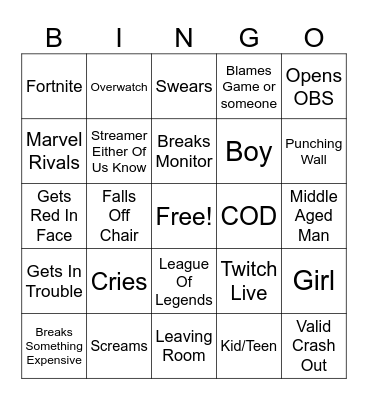 Gamer Rage Complication Bingo Card