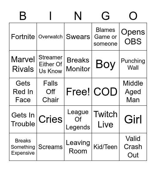 Gamer Rage Complication Bingo Card