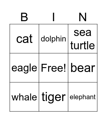 Animals Bingo Card