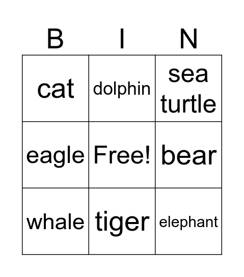 Animals Bingo Card