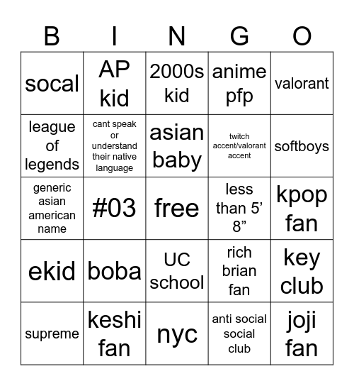 those kinds of asian people bingo Card
