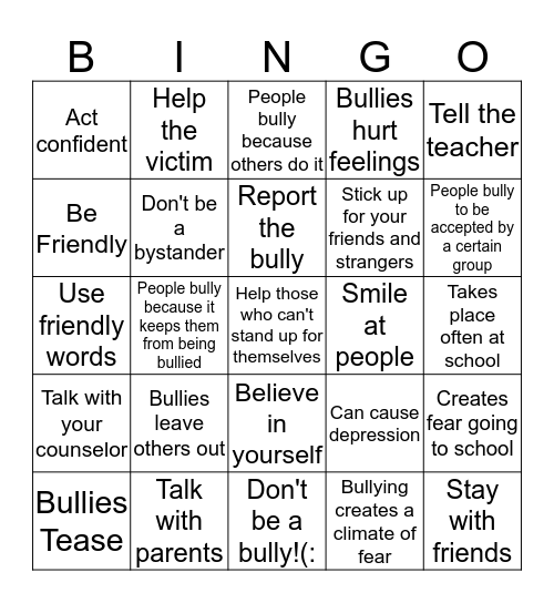 Say No To Bullying! Bingo Card