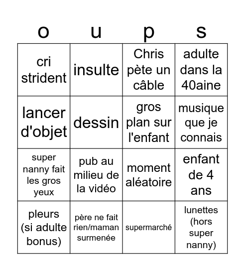 Bingo super nanny Bingo Card