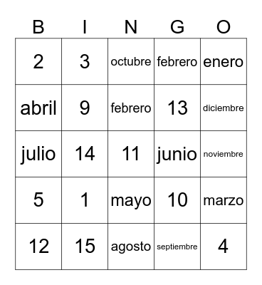 months and numeros1-20 Bingo Card