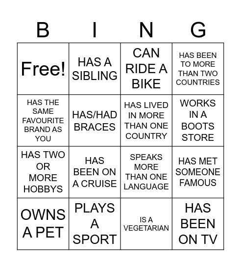 ICE BREAKER- FIND SOMEONE WHO... Bingo Card