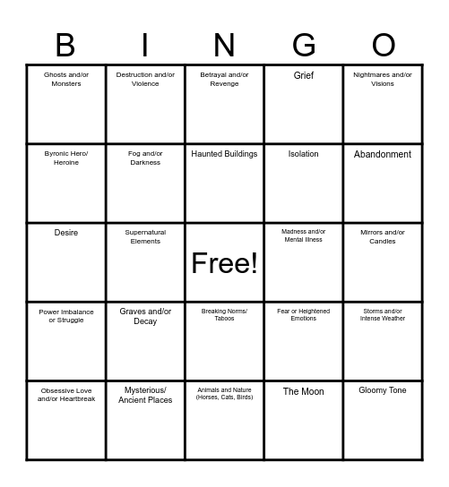 Gothic Themes and Motifs Bingo Card