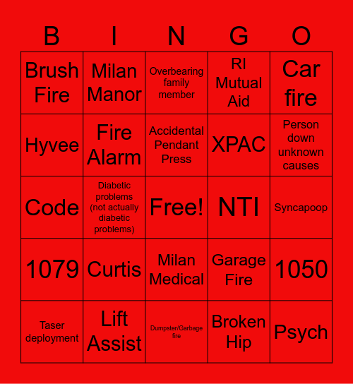 Southern RI County EMS Bingo Card