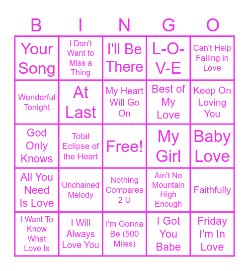 Love Song Bingo Card