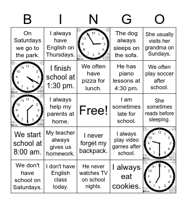 TIMES + ADVERBS OF FREQUENCY Bingo Card