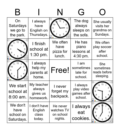 TIMES + ADVERBS OF FREQUENCY Bingo Card