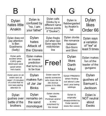 Dylan Star Wars bingo Card