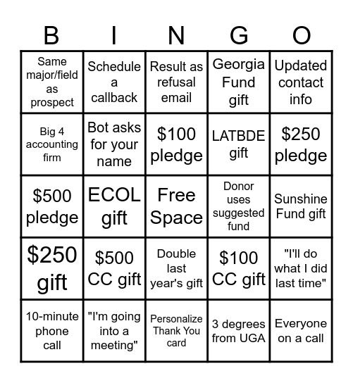 UGA Phonathon Bingo Card