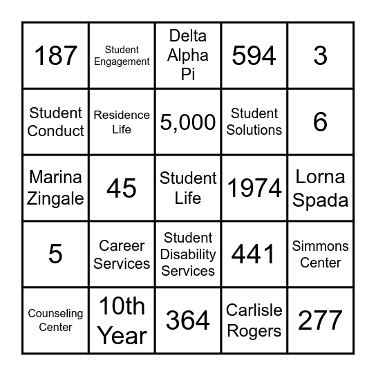 Student Life Bingo Card