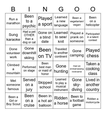 HAVE YOU EVER Bingo Card