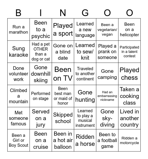HAVE YOU EVER Bingo Card