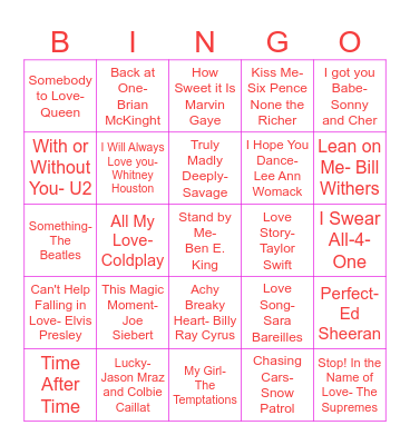 Love Song Bingo Sojourn Bingo Card