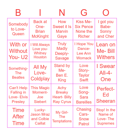 Love Song Bingo Sojourn Bingo Card