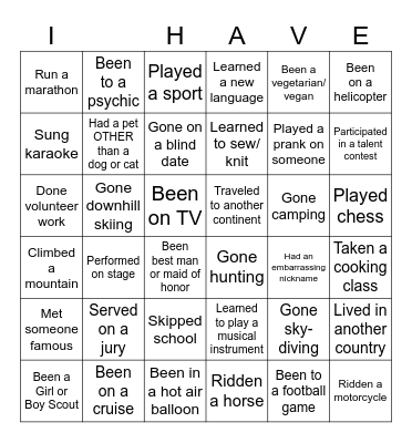 HAVE YOU EVER Bingo Card