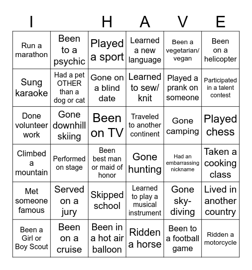 HAVE YOU EVER Bingo Card