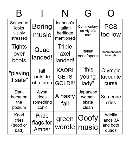 Women's FP Bingo Card